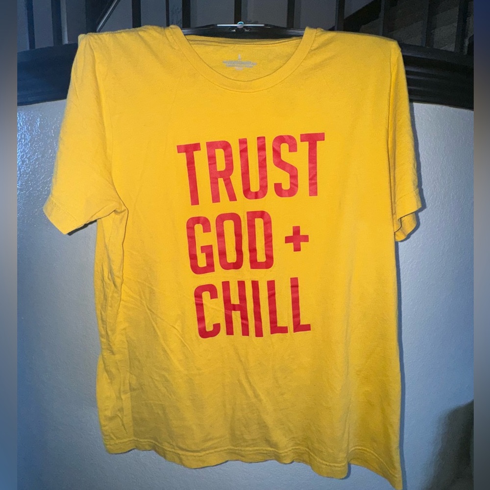 Yellow t-shirt in size Large “Trust God + Chill”